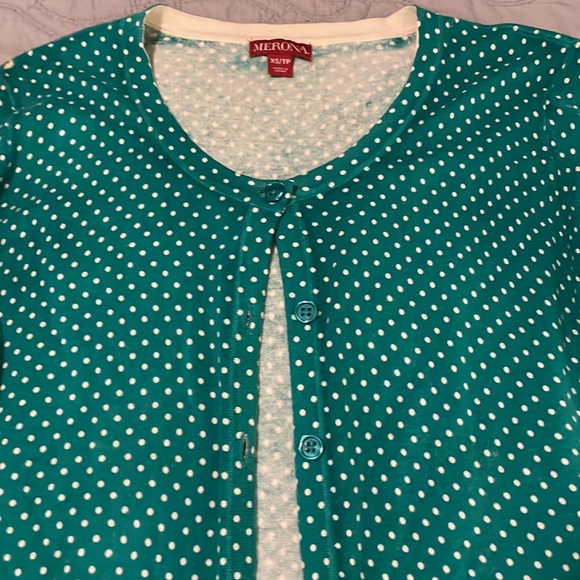 Merona XS Green with Cream Polka Dots Button Up Cardigan Sweater - Picture 3 of 6